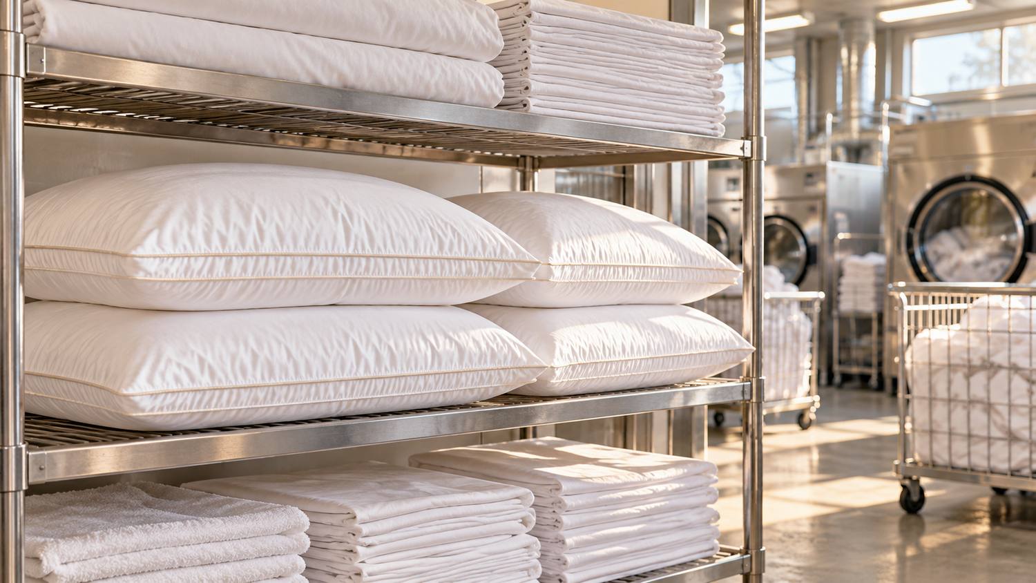 Hotel pillows with gold piping stacked on steel shelving in a commercial hotel laundry
