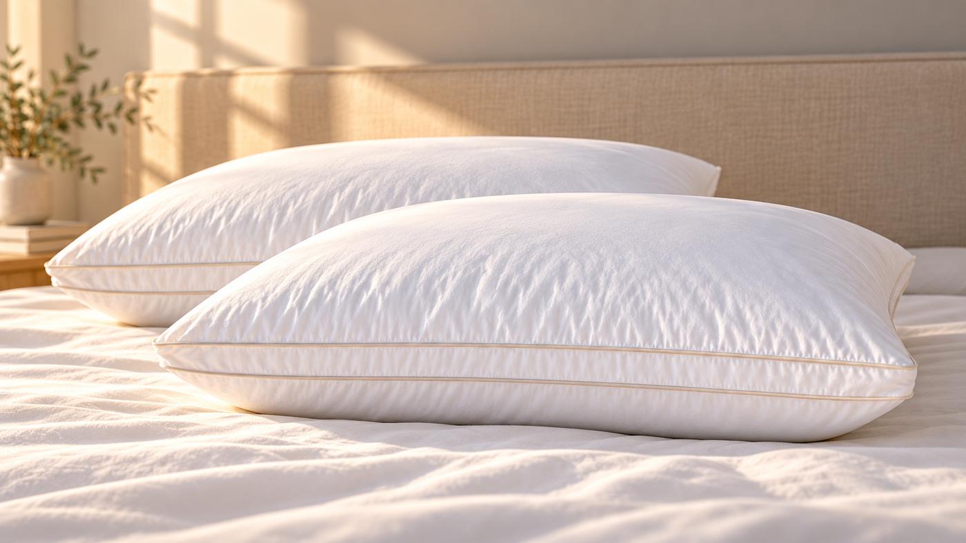 Two Signature Deluxe Suite Pillows side by side on a made bed in morning light